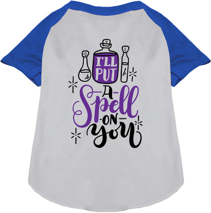 Blue pet raglan shirt with 'Put a Spell on You' design