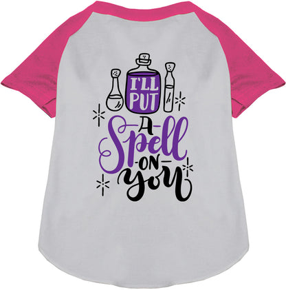 Pink pet raglan shirt with 'Put a Spell on You' design