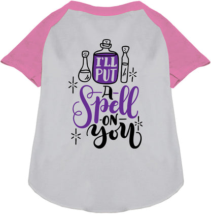 Light pink pet raglan shirt with 'Put a Spell on You' design