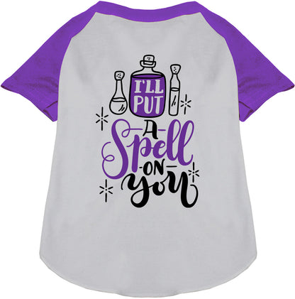 Purple pet raglan shirt with 'Put a Spell on You' design