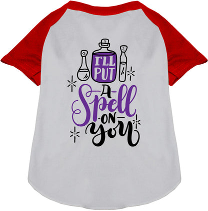 Red pet raglan shirt with 'Put a Spell on You' design