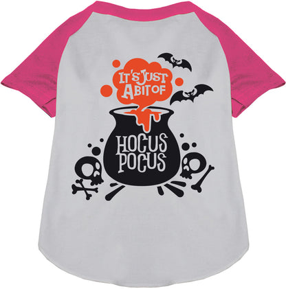 Pink-sleeved Hocus Pocus pet raglan shirt with cauldron design