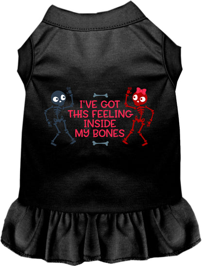 Black pet dress with skeleton design and text