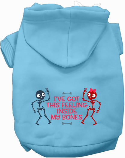 Blue Inside My Bones pet hoodie with skeleton design