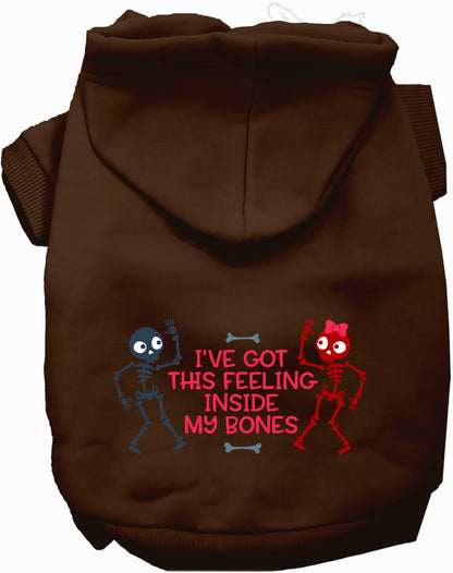 Brown Inside My Bones pet hoodie with skeleton design