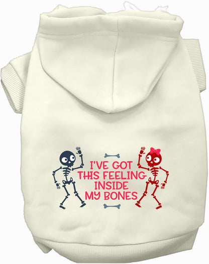 White Inside My Bones pet hoodie with skeleton design