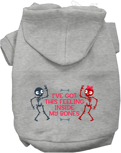 Gray Inside My Bones pet hoodie with skeleton design