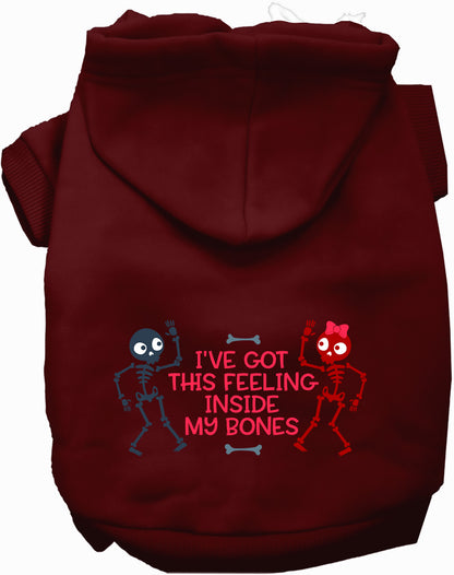 Red Inside My Bones pet hoodie with skeleton design