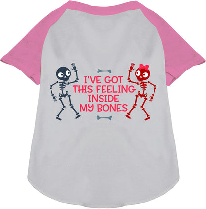 Pink Inside My Bones pet raglan shirt with skeletons