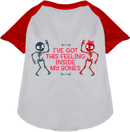 Red Inside My Bones pet raglan shirt with skeletons