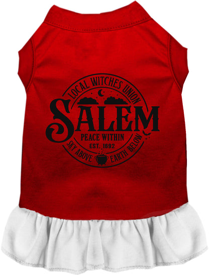 Red Salem Witches Union pet dress with white ruffled skirt