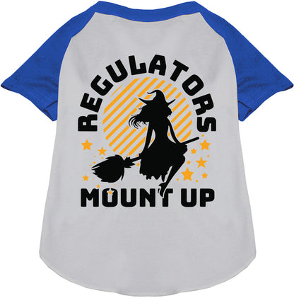 Gray and blue pet raglan shirt with 'Regulators Mount Up' design