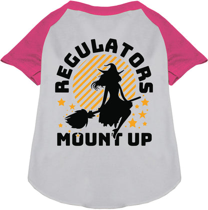 Gray and pink pet raglan shirt with 'Regulators Mount Up' design