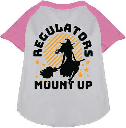 Gray and light pink pet raglan shirt with 'Regulators Mount Up' design