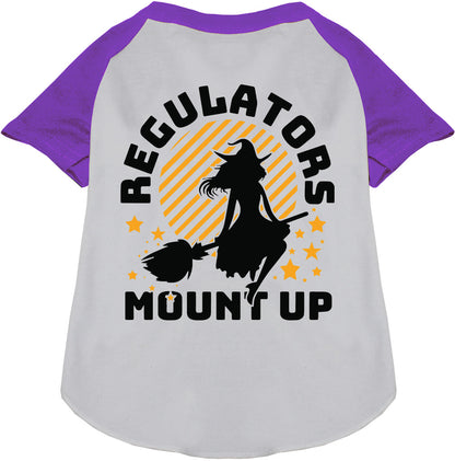 Gray and purple pet raglan shirt with 'Regulators Mount Up' design