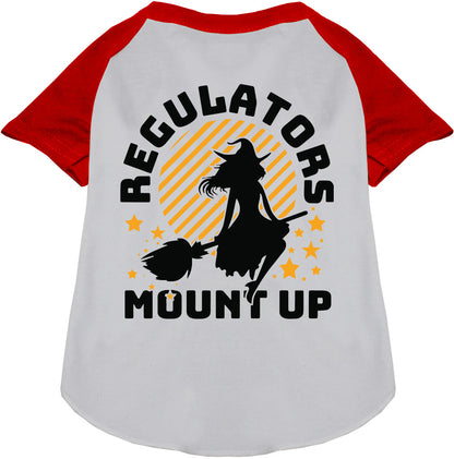 Gray and red pet raglan shirt with 'Regulators Mount Up' design