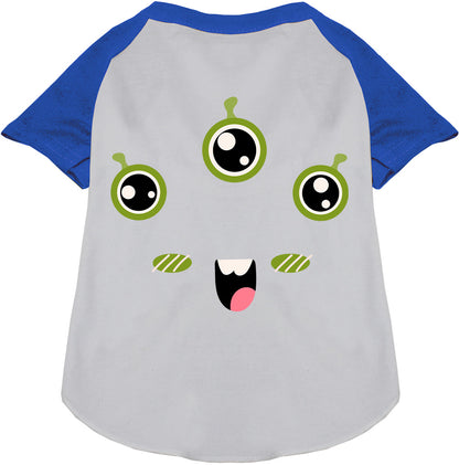 White monster costume pet raglan shirt with blue sleeves