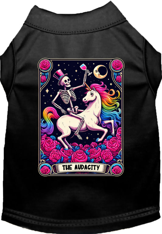 Black pet shirt with skeleton and unicorn design