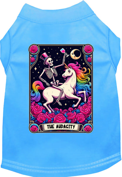 Bright blue pet shirt with skeleton and unicorn design