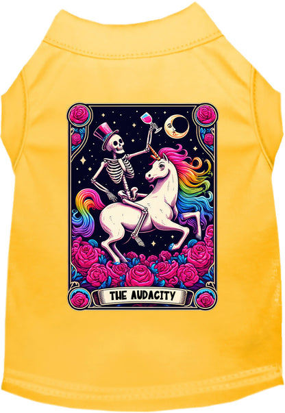 Yellow pet shirt with skeleton and unicorn design