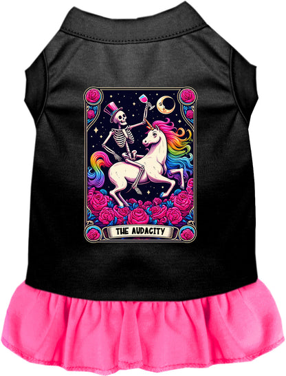 Black pet dress with pink skirt, skeleton unicorn design