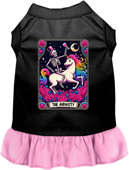 Black pet dress with light pink skirt, skeleton unicorn design