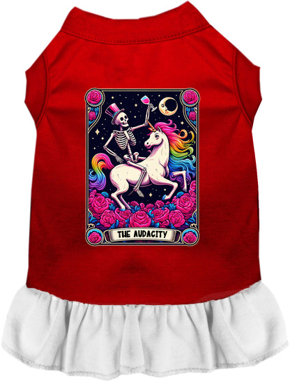 Red pet dress with white skirt, skeleton unicorn design