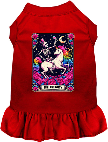 Red pet dress with skeleton unicorn design