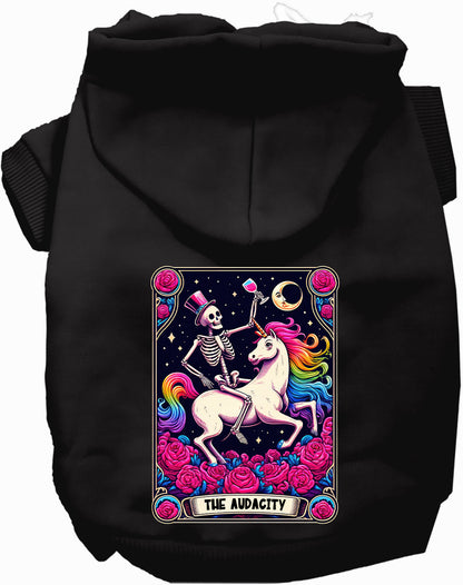 Black pet hoodie with skeleton and unicorn design