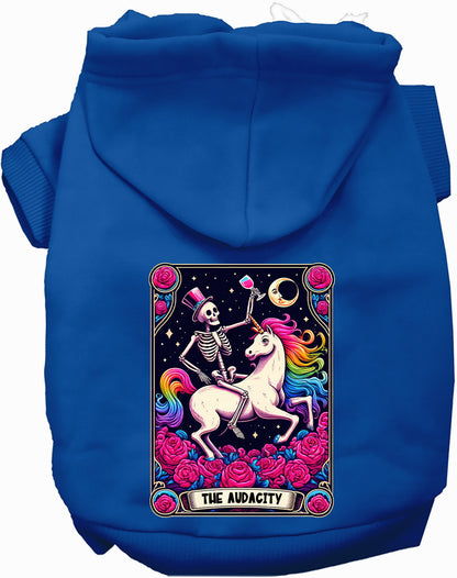 Royal blue pet hoodie with skeleton and unicorn design