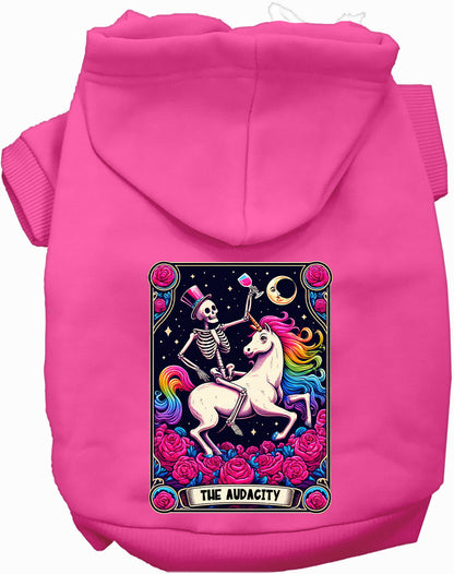 Pink pet hoodie with skeleton and unicorn design