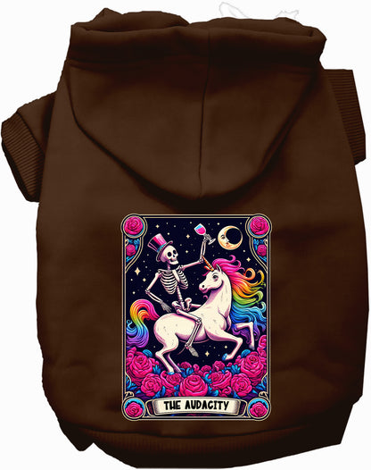 Brown pet hoodie with skeleton and unicorn design