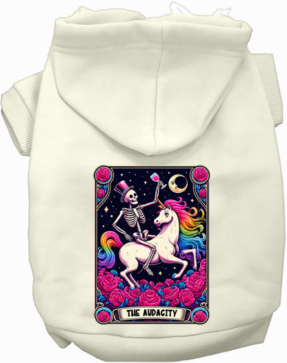 White pet hoodie with skeleton and unicorn design