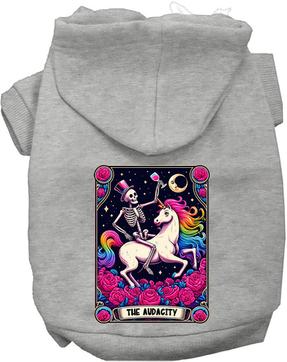 Gray pet hoodie with skeleton and unicorn design