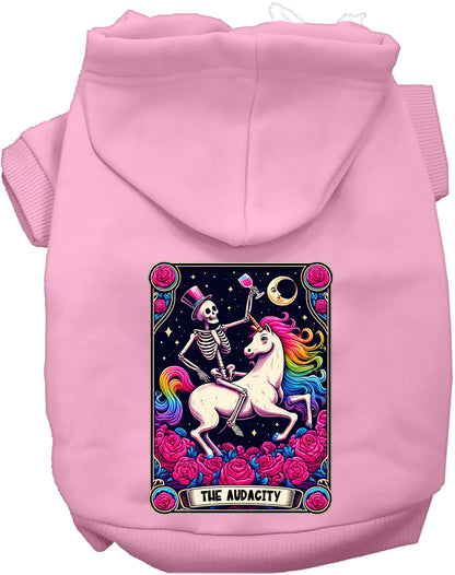 Light pink pet hoodie with skeleton and unicorn design