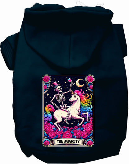 Dark blue pet hoodie with skeleton and unicorn design