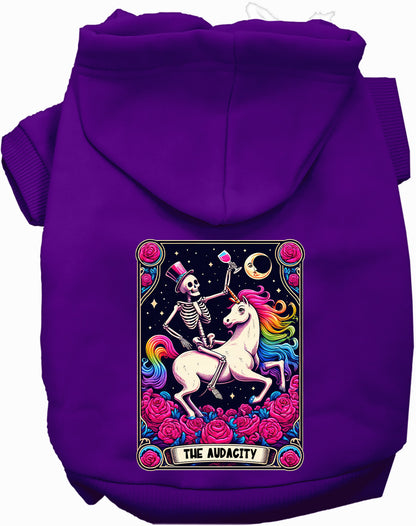 Purple pet hoodie with skeleton and unicorn design