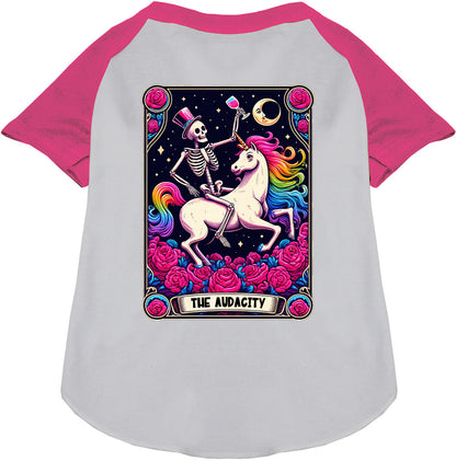 Pink-sleeved pet raglan shirt with skeleton and unicorn design