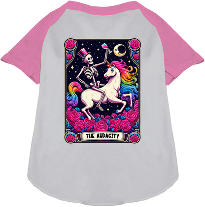 Light pink-sleeved pet raglan shirt with skeleton and unicorn design