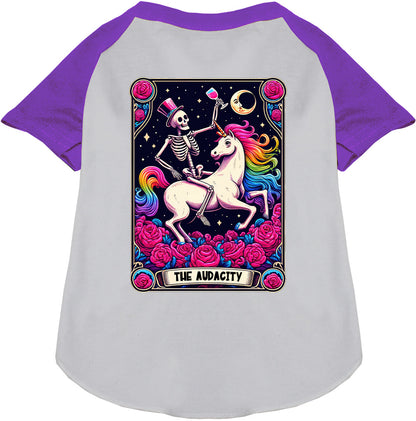 Purple-sleeved pet raglan shirt with skeleton and unicorn design