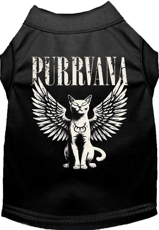 Black Purrvana pet shirt with winged cat design