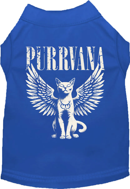 Blue Purrvana pet shirt with winged cat design