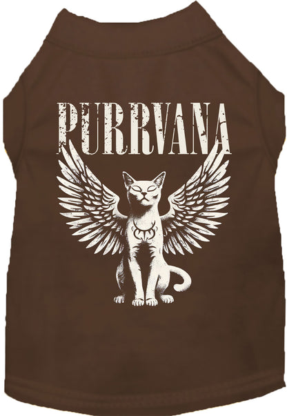 Brown Purrvana pet shirt with winged cat design