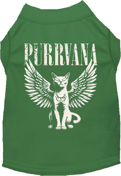 Green Purrvana pet shirt with winged cat design