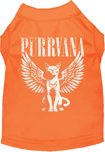 Orange Purrvana pet shirt with winged cat design