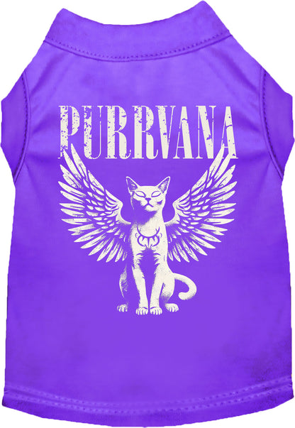 Purple Purrvana pet shirt with winged cat design