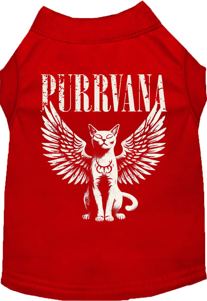 Red Purrvana pet shirt with winged cat design