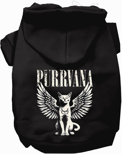 Black Purrvana pet hoodie with winged cat design