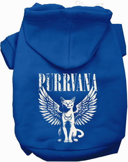 Blue Purrvana pet hoodie with winged cat design