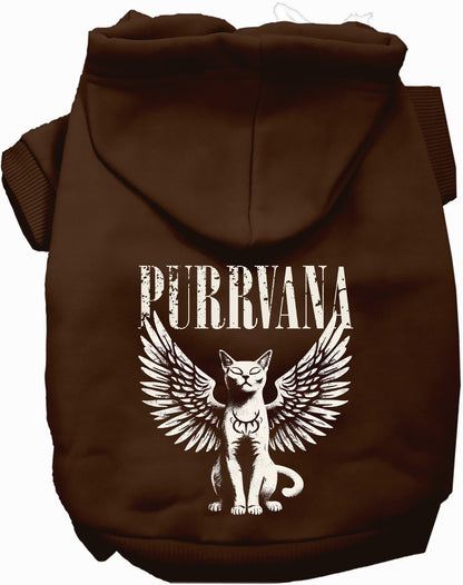 Brown Purrvana pet hoodie with winged cat design